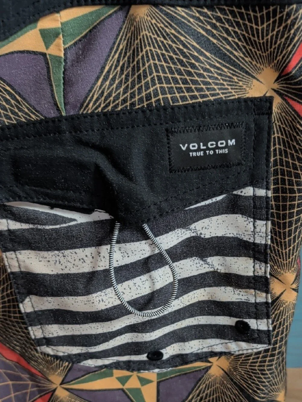 Volcom Men's Swim Board Shorts - Black with Orange, Green & Purple Geometric